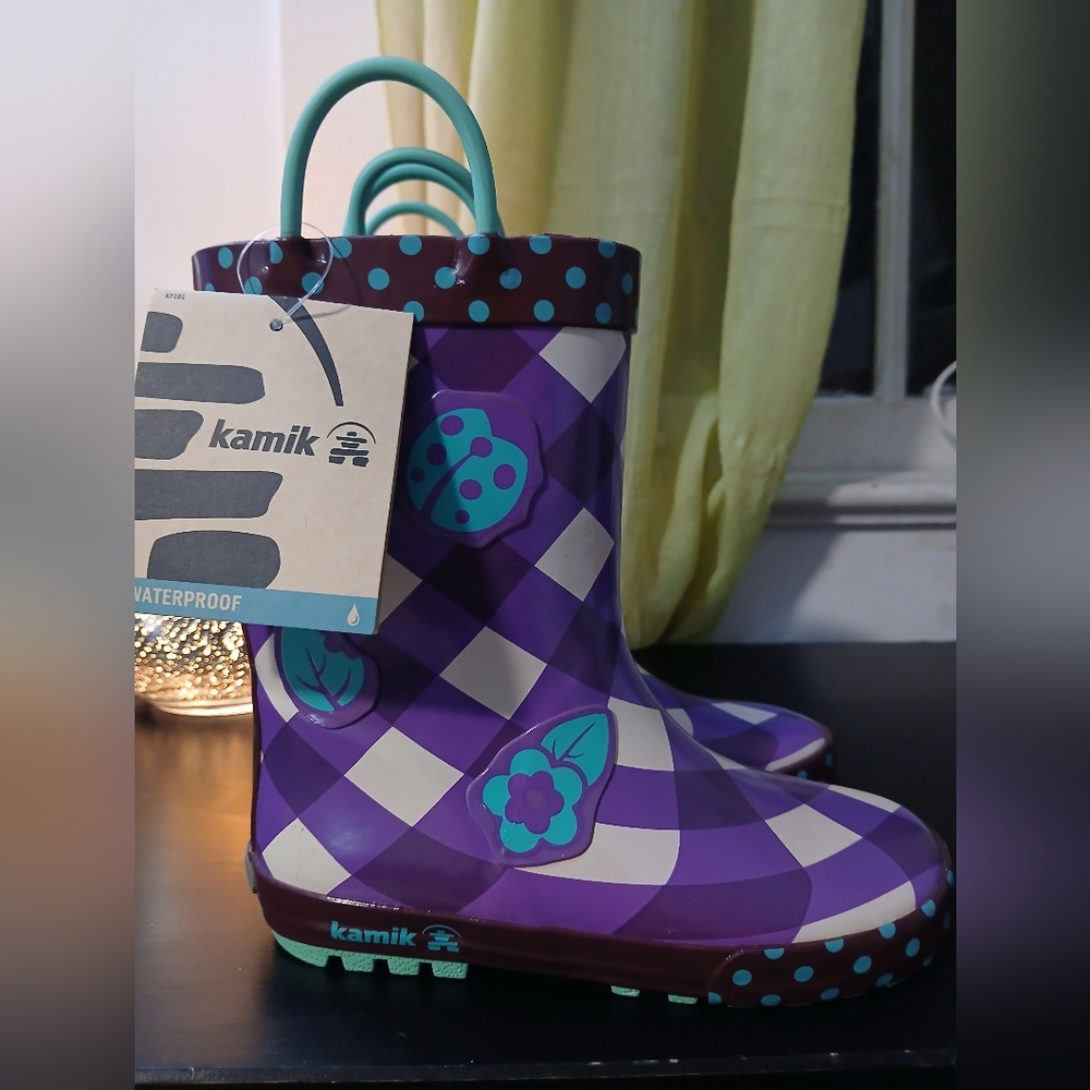 Kamik Purple Ladybug Checkered Rain Boots Brand New With Tags